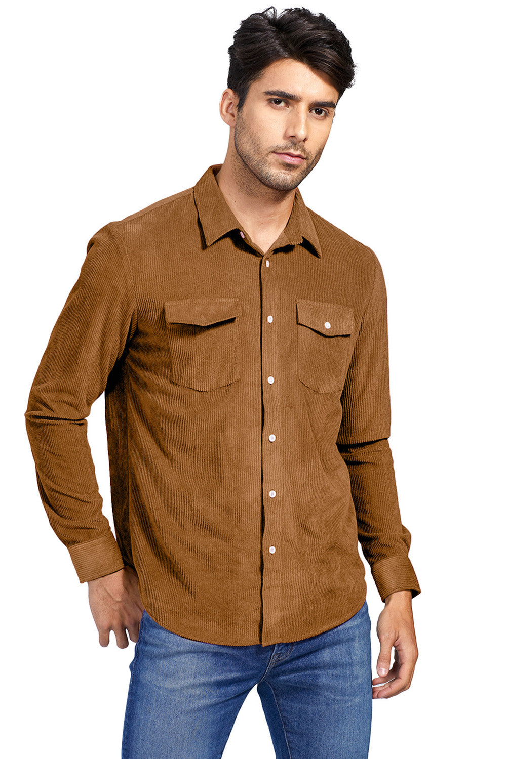 Brown Men Corduroy Flap Pocket Button Front Shirt