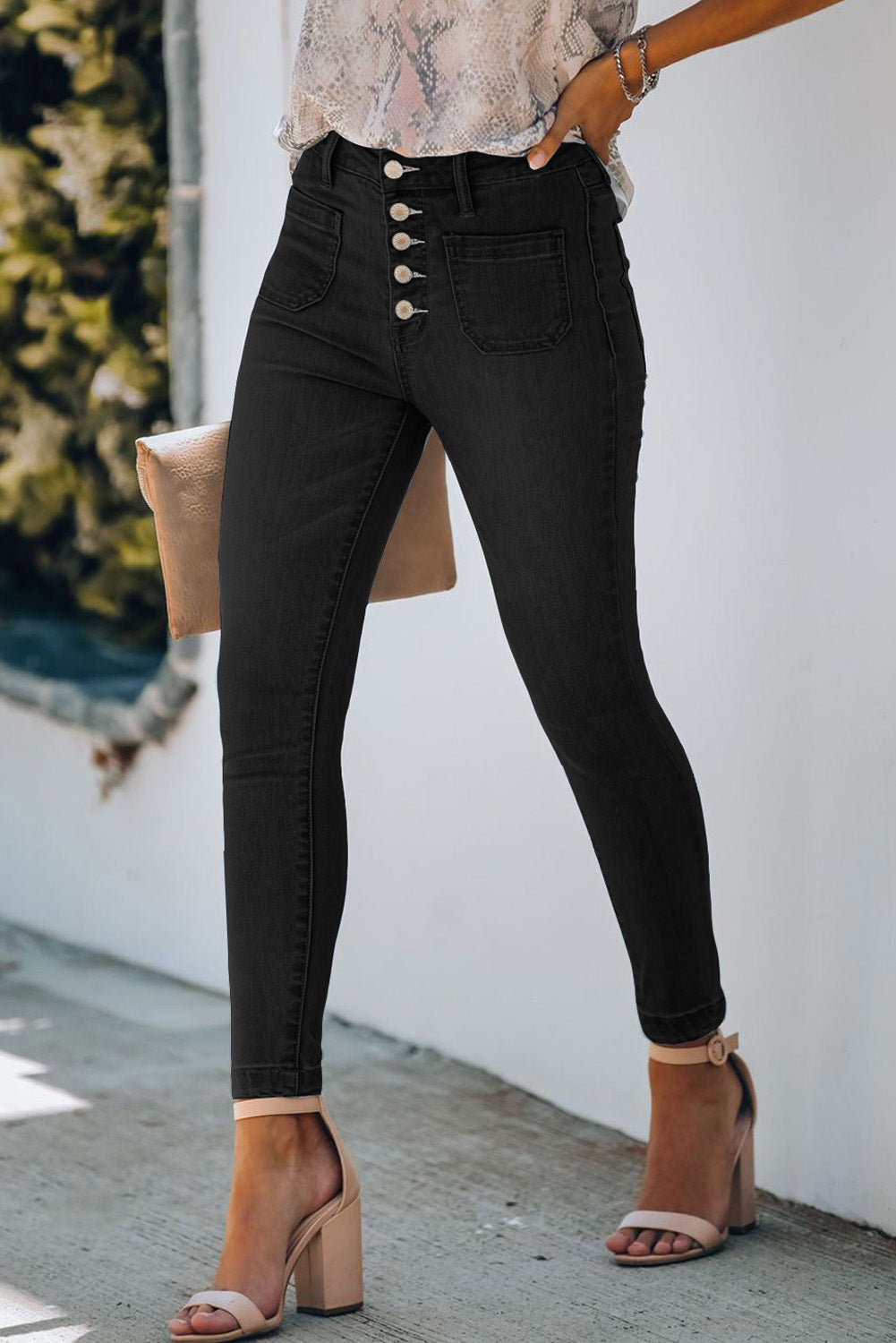 Black Button Fly Skinny Jeans with Pockets