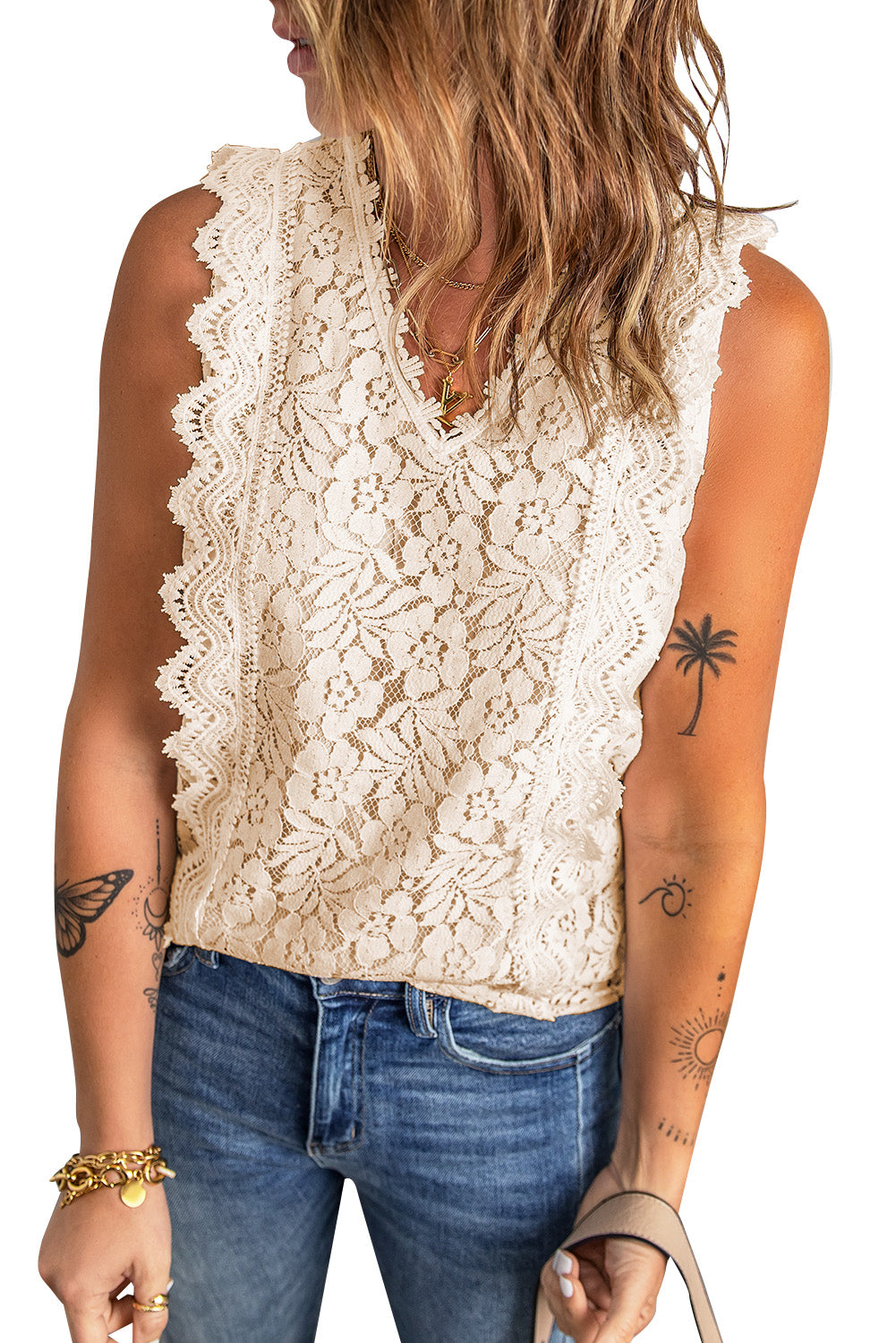 White Lace V Neck Tank Top