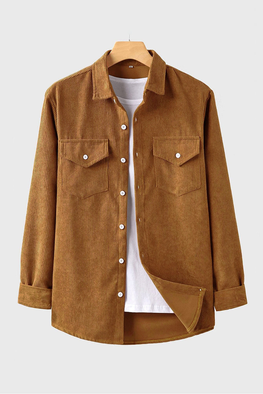 Brown Men Corduroy Flap Pocket Button Front Shirt