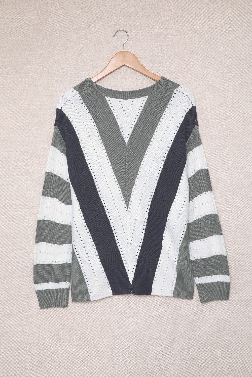 Blue Striped Colorblock V Neck Knitted Sweater