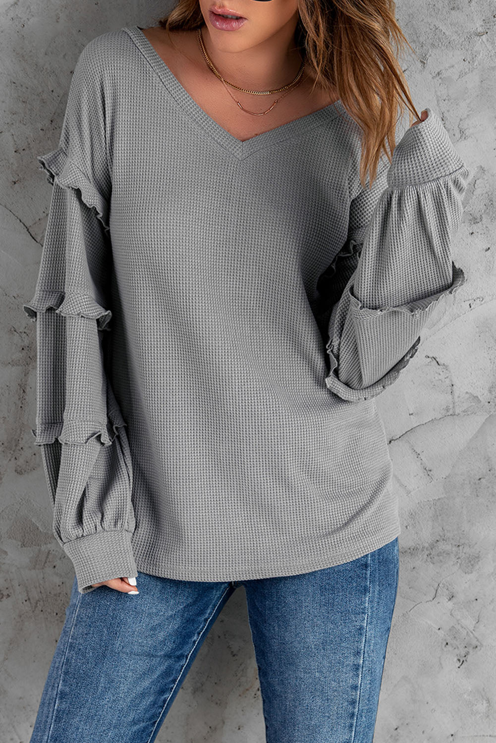 Grey Waffle Ruffled V Neck Loose Knit Top