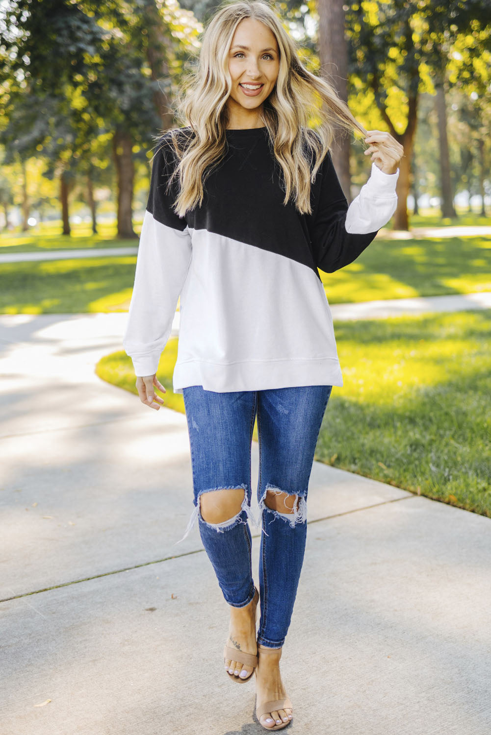 Light Blue Patchwork Dropped Shoulder Sweatshirt