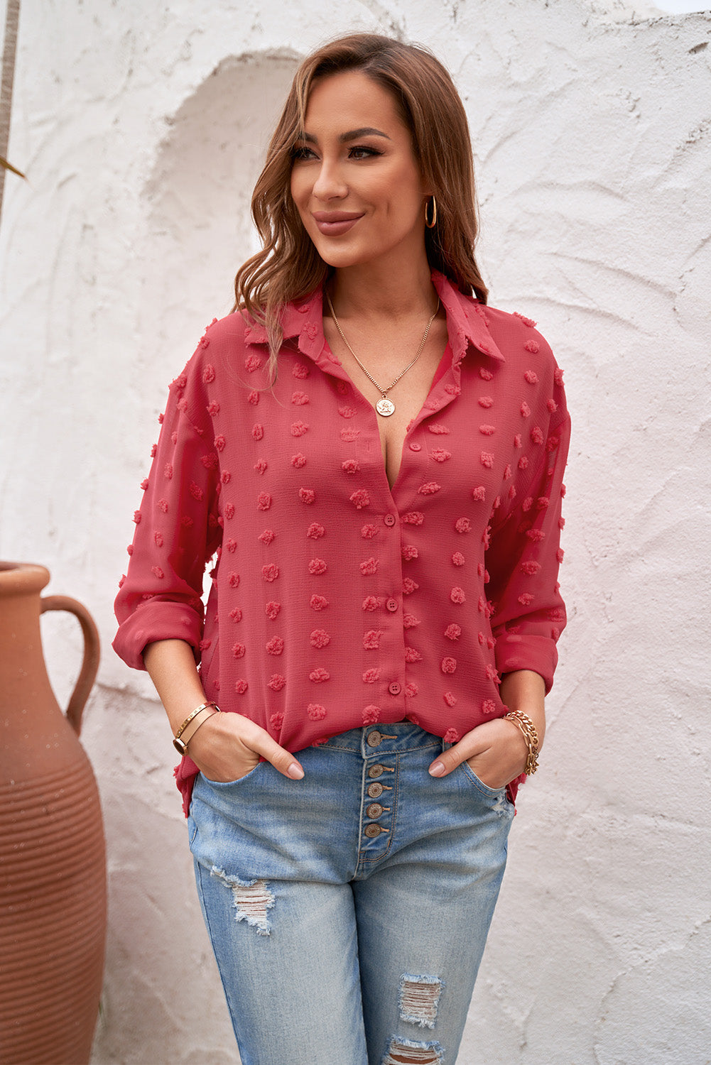 Fiery Red Long Sleeve Button Fuzzy Polka Dot Shirt