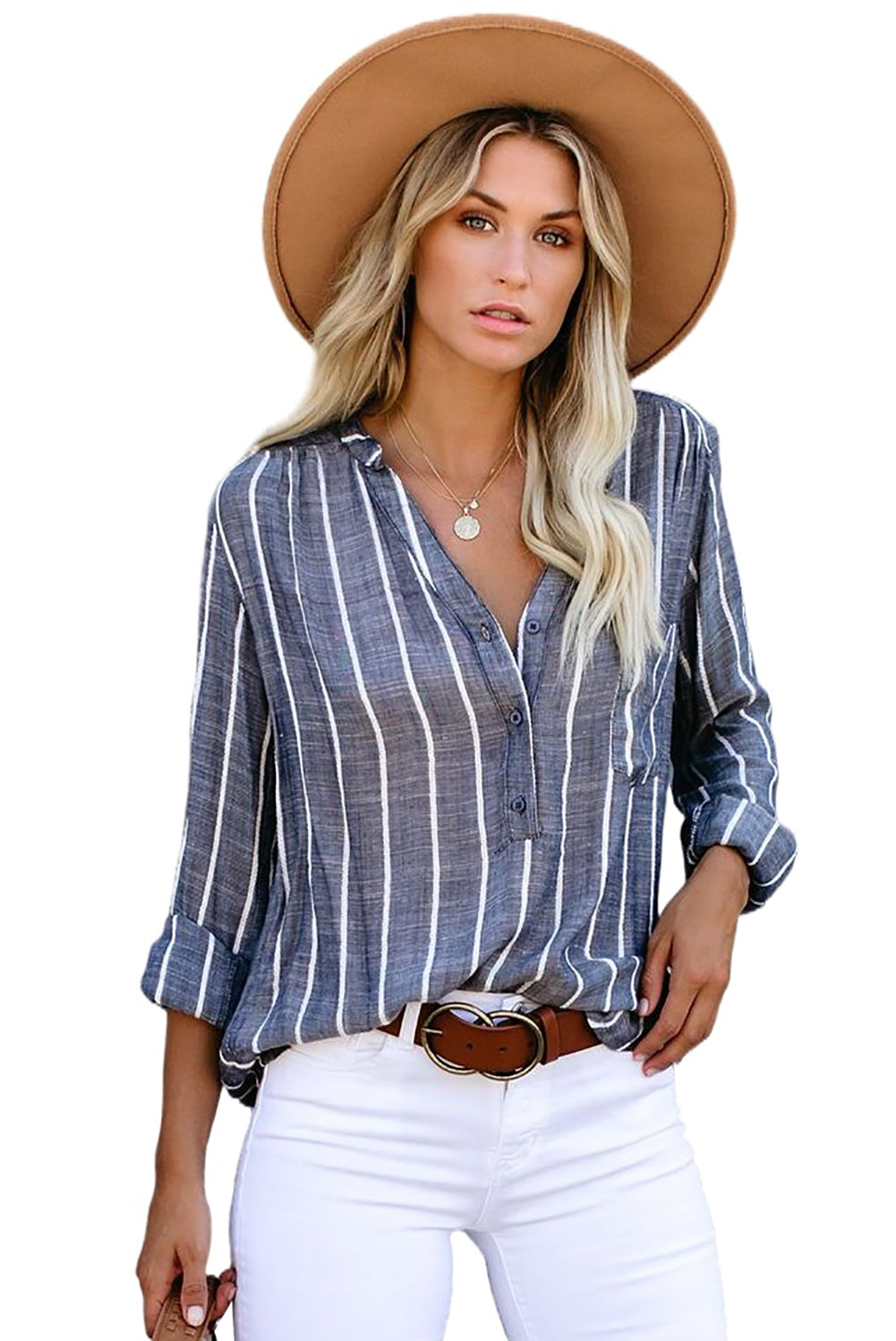 White Striped V Neck Pocket Long Sleeve Top