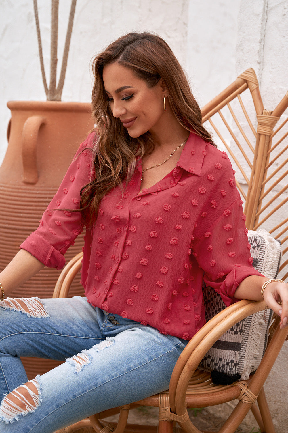 Fiery Red Long Sleeve Button Fuzzy Polka Dot Shirt