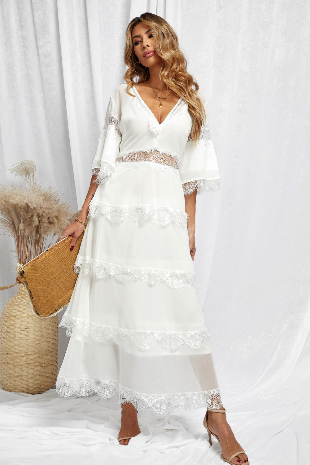 White Swiss Dot Print See-through Lace Patch Layered Long Dress