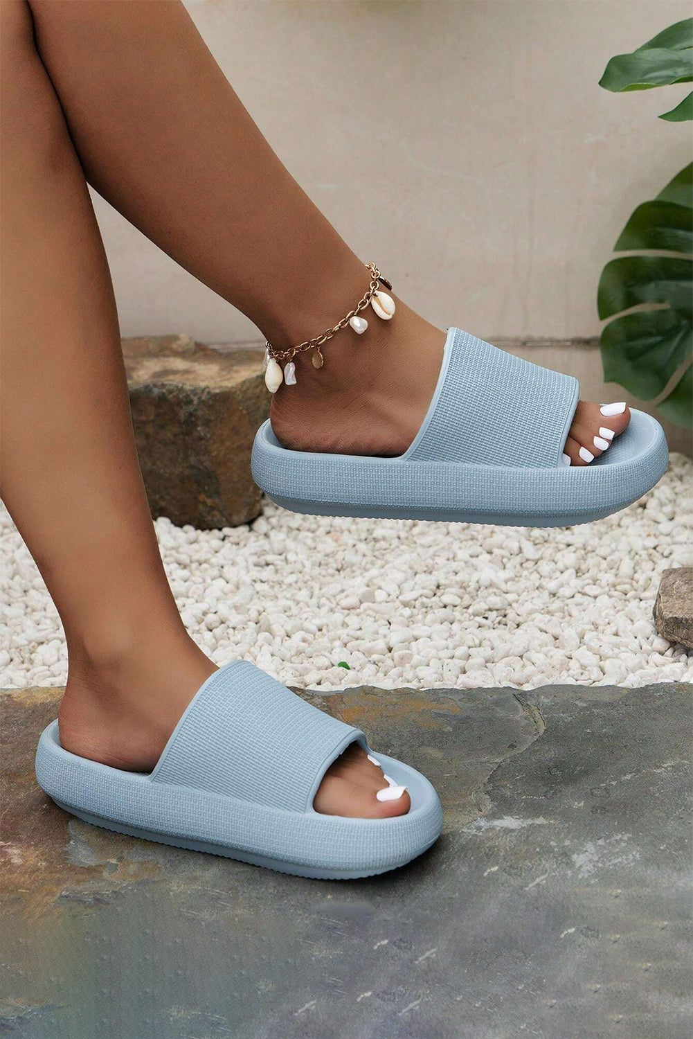 Mist Blue Solid Non-slip Wide Band Thick Sole Slippers