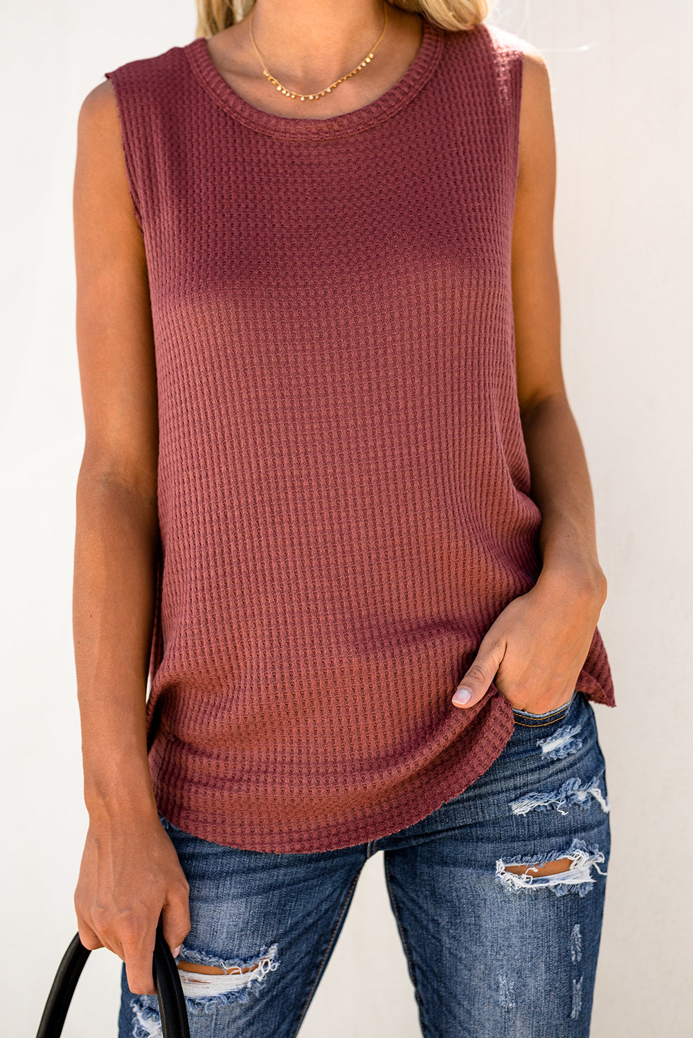 Apricot Crew Neck Waffle Tank Top