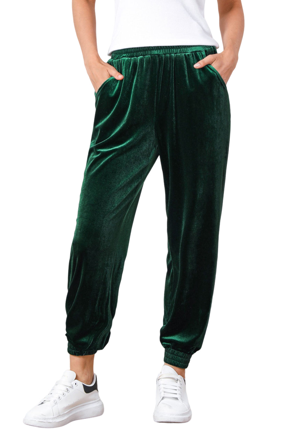 Green Solid Velvet Jogger Pants