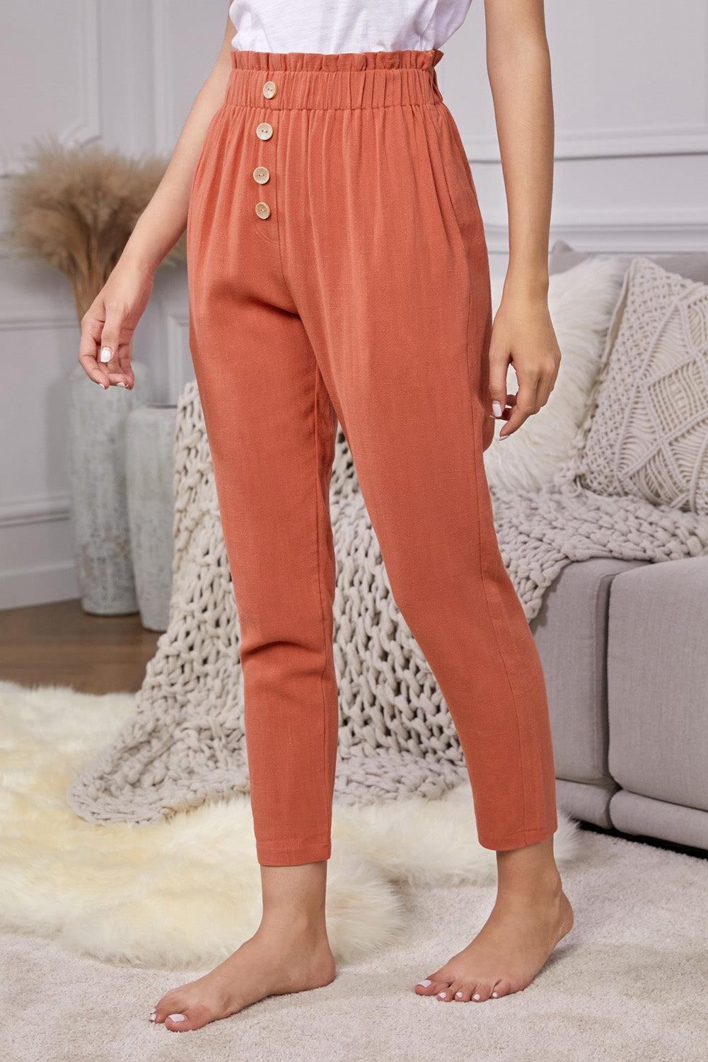 Orange Linen Blend Pocketed Pants