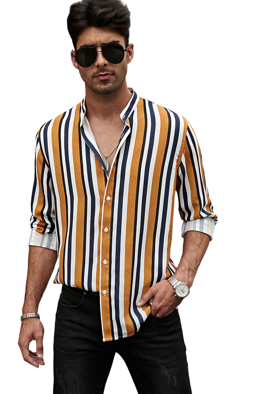 Multicolor Striped Print Buttons Men's Long Sleeve Shirt