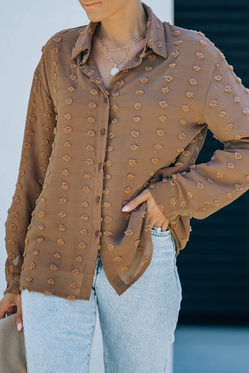 Fiery Red Long Sleeve Button Fuzzy Polka Dot Shirt