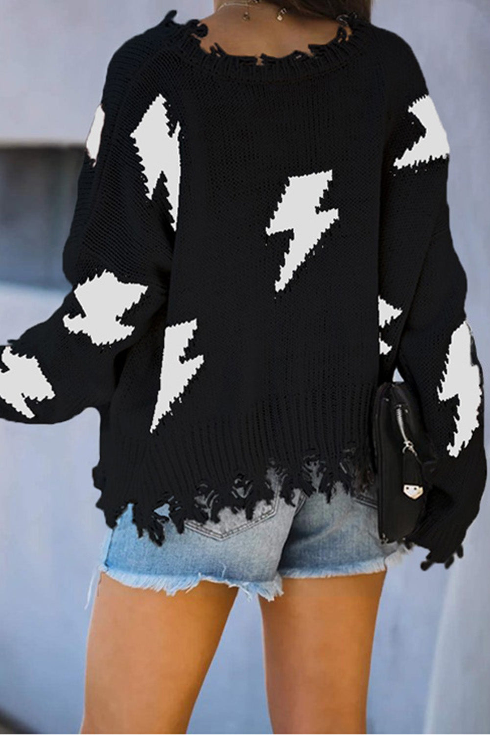 White Distressed Knit Bolt Sweater