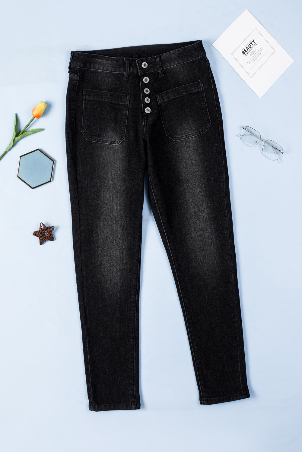 Black Button Fly Skinny Jeans with Pockets