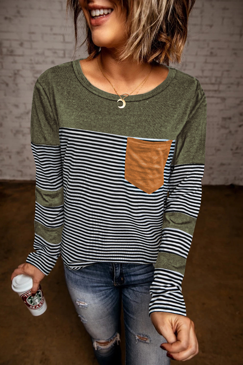 Black Pinstripe Patch Pocket Top