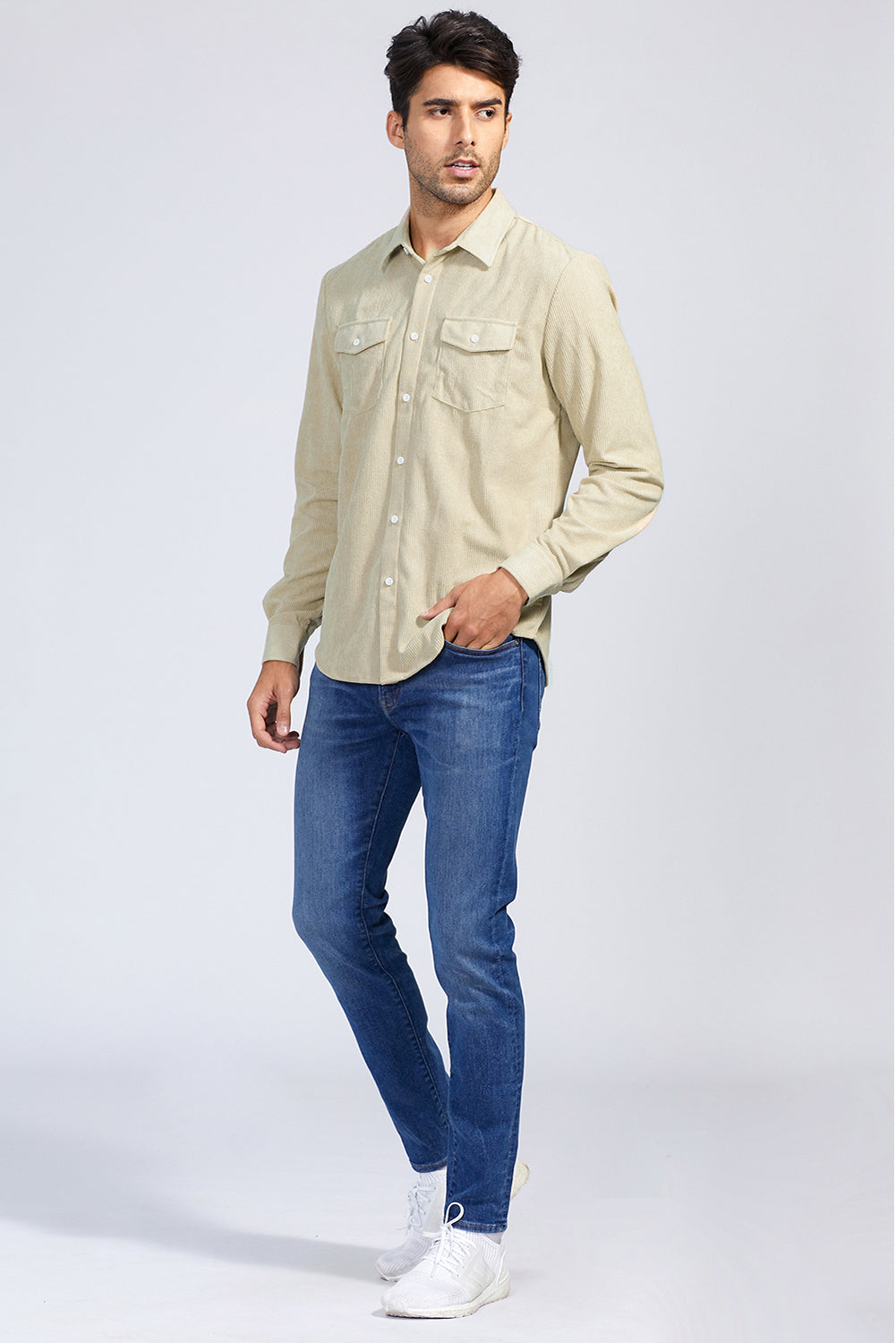 Brown Men Corduroy Flap Pocket Button Front Shirt