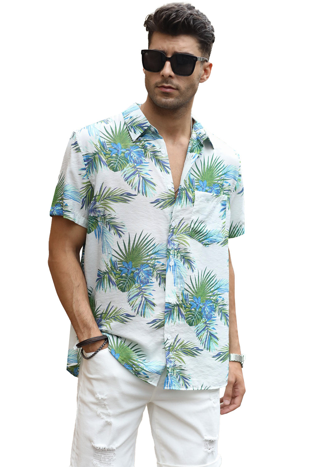 Green Men Short Sleeve Casual Hawaiian Shirt