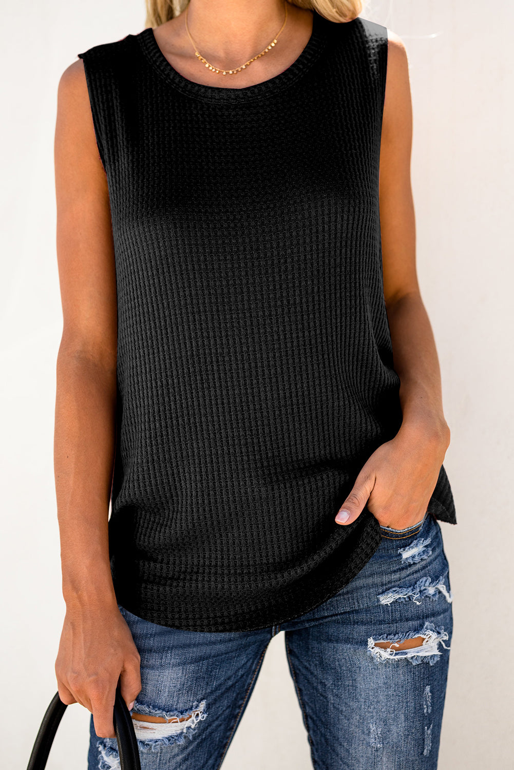 Apricot Crew Neck Waffle Tank Top