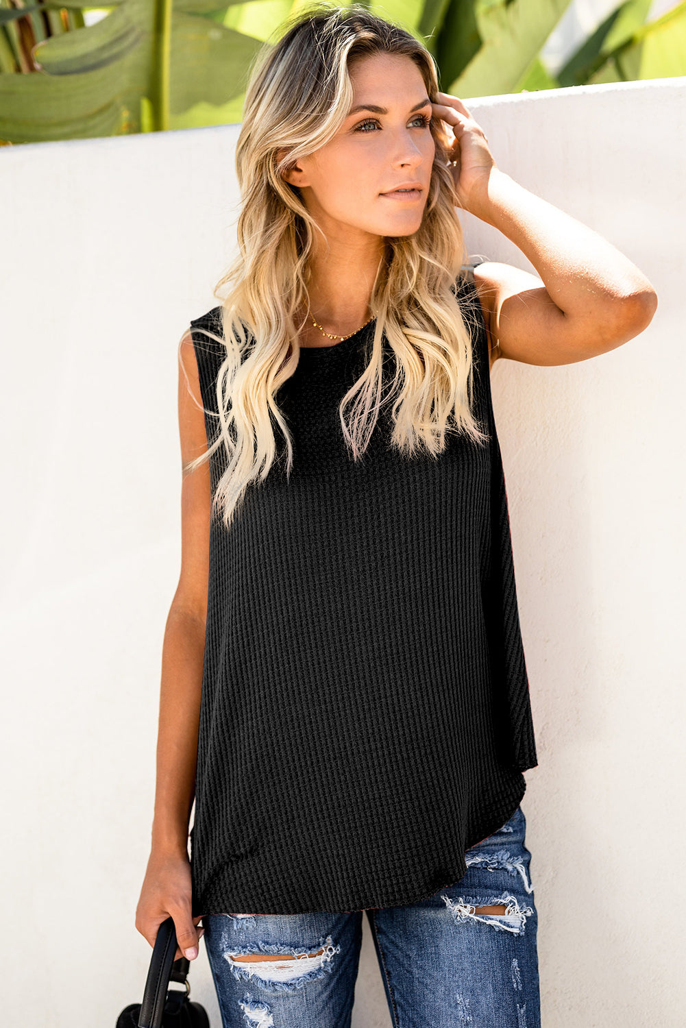 Apricot Crew Neck Waffle Tank Top