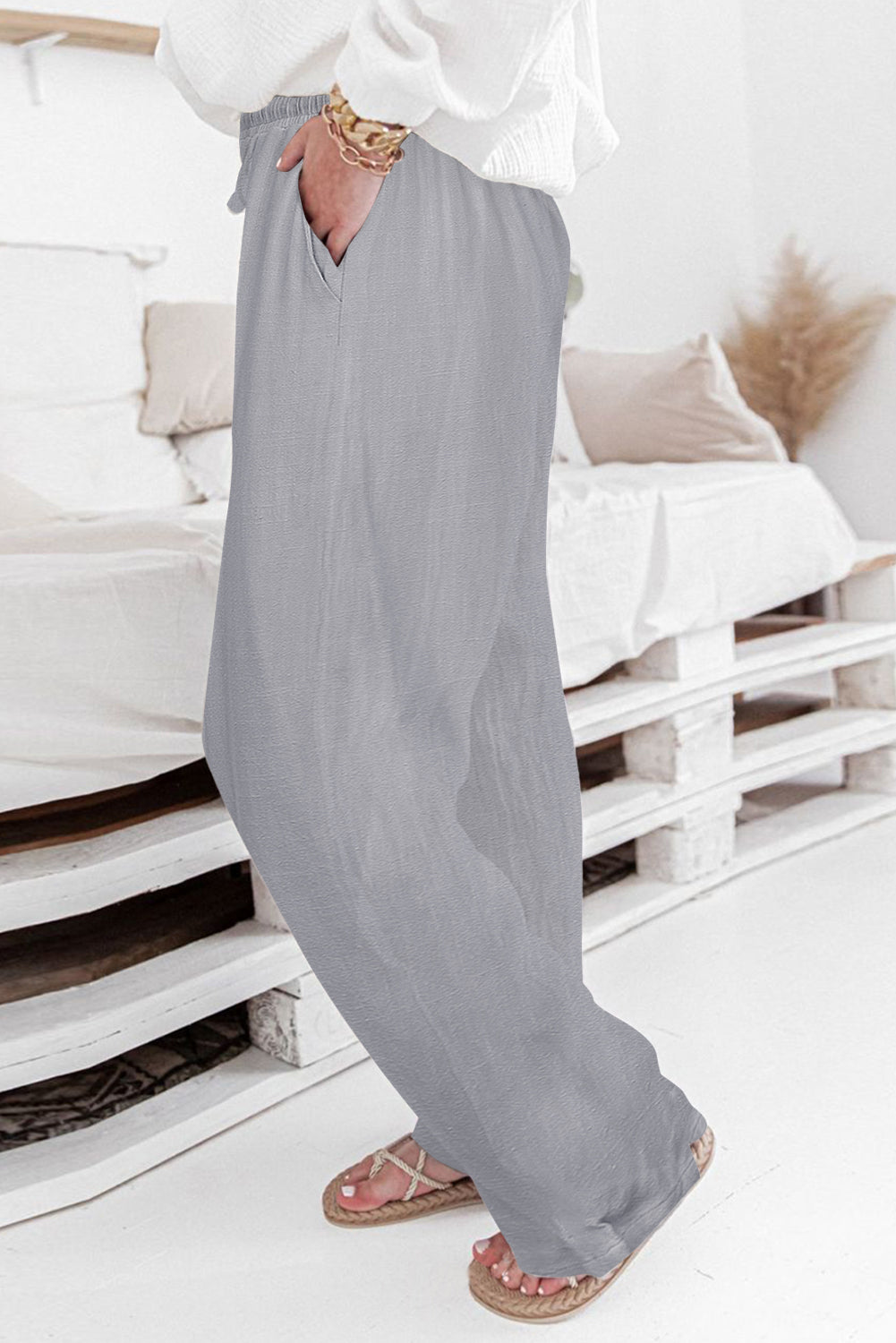 Gray High Waist Drawstring Wide Legs Casual Pants