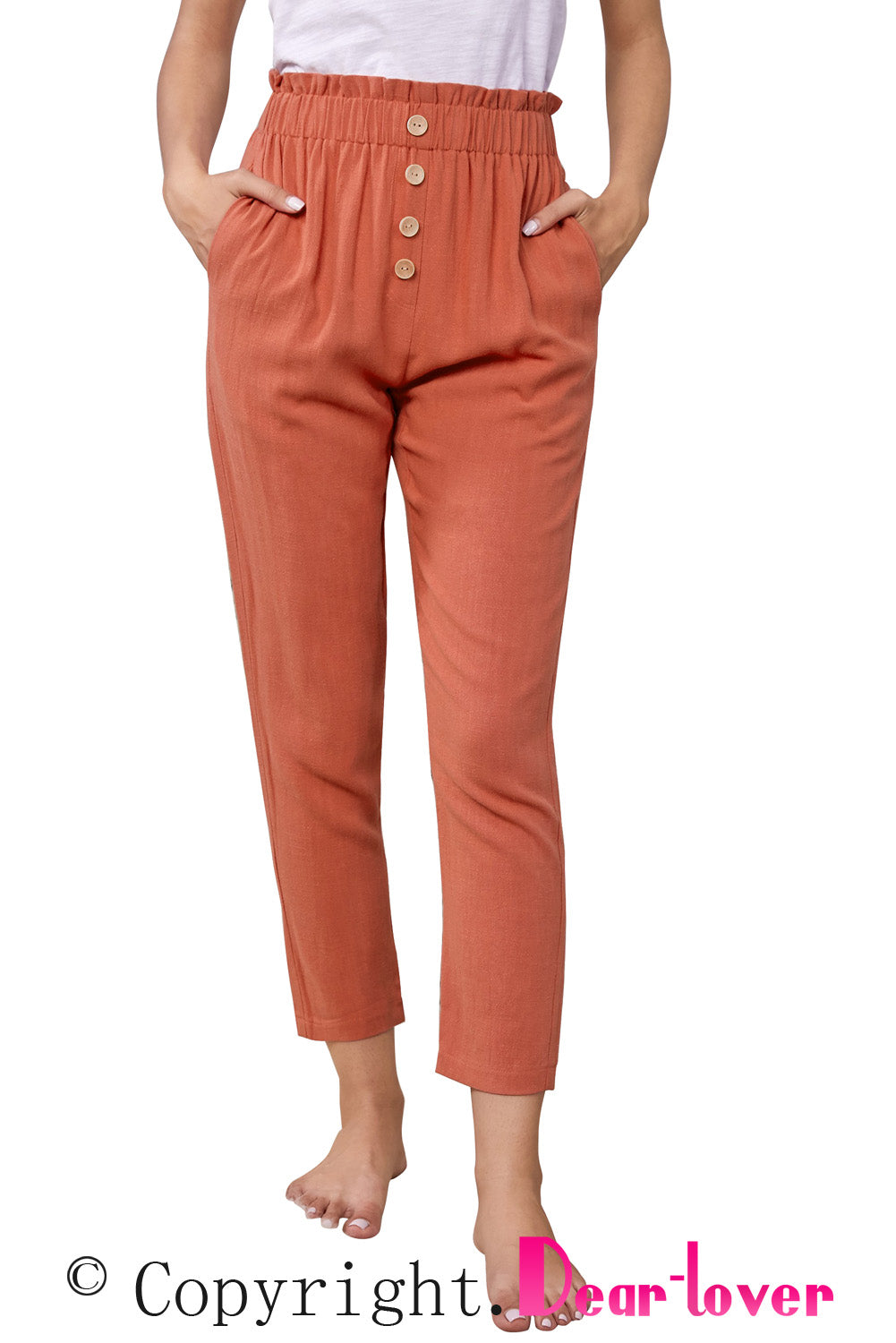 Orange Linen Blend Pocketed Pants