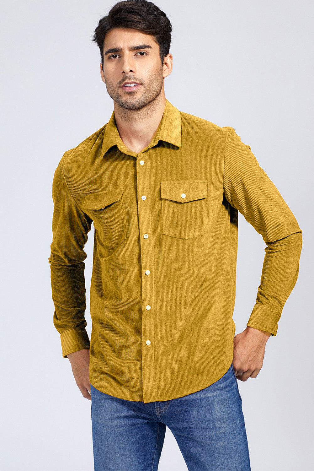 Brown Men Corduroy Flap Pocket Button Front Shirt