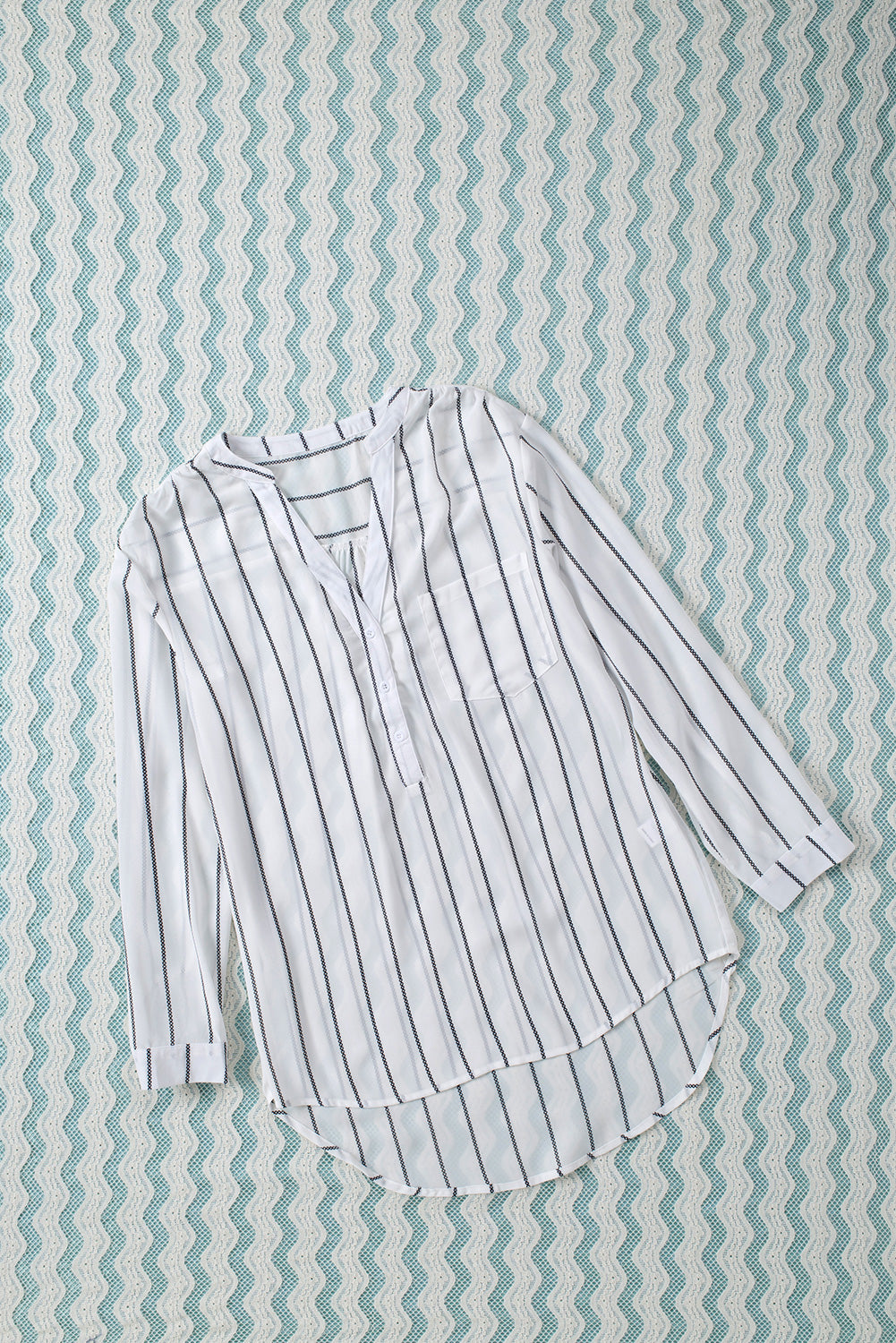 White Striped V Neck Pocket Long Sleeve Top