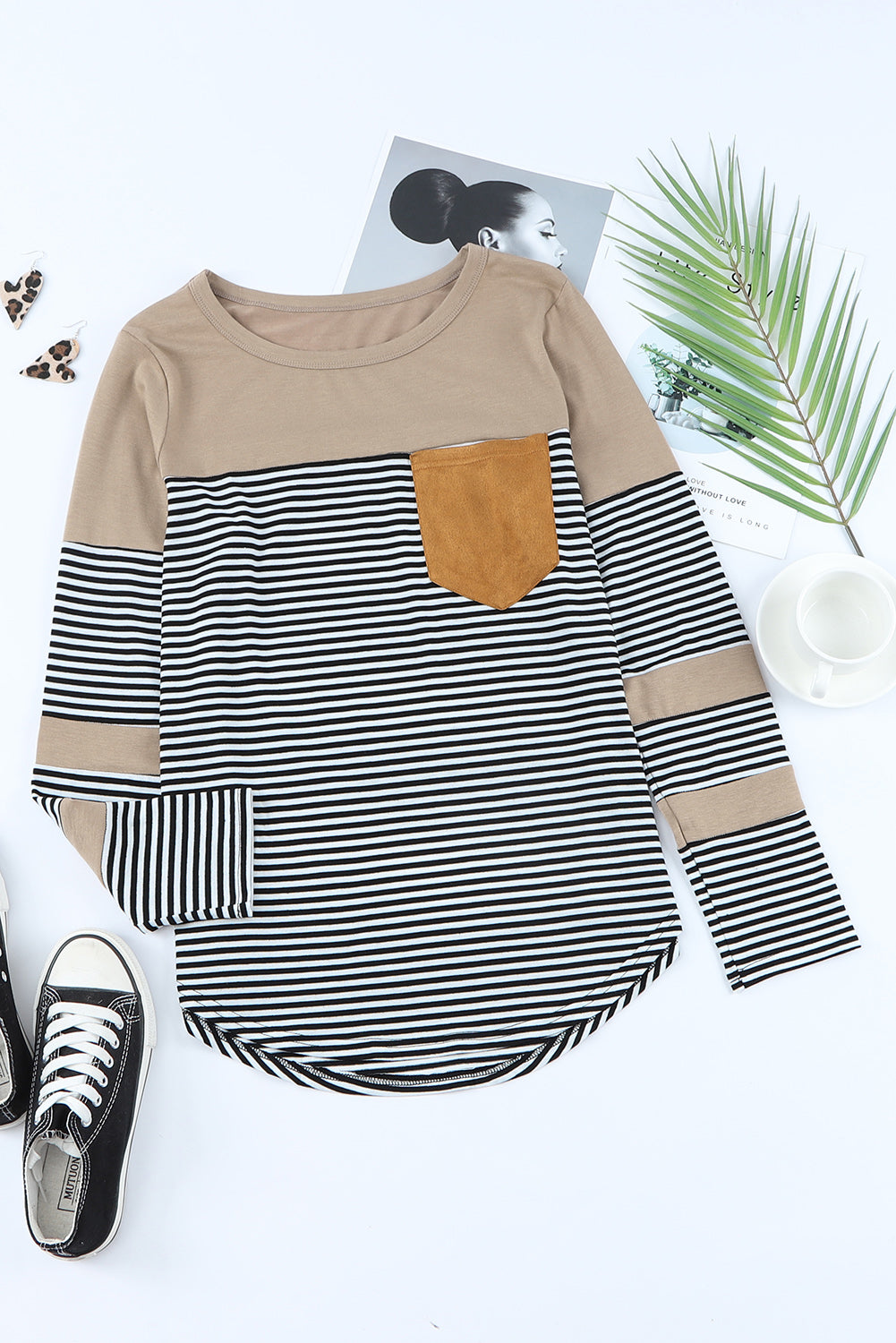 Black Pinstripe Patch Pocket Top