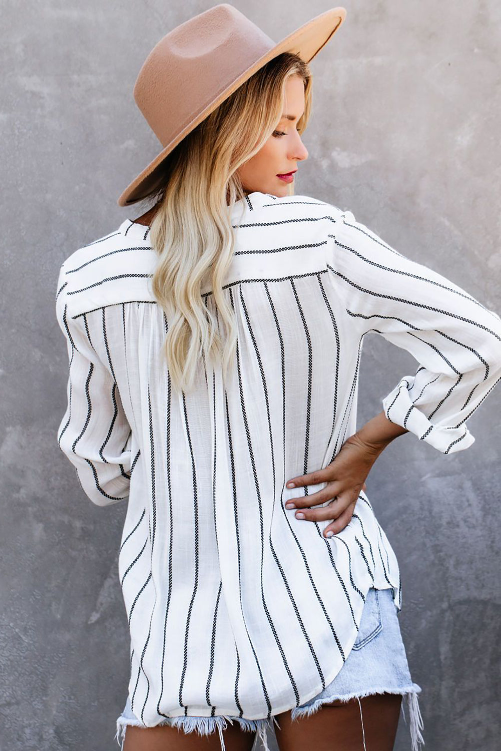 White Striped V Neck Pocket Long Sleeve Top