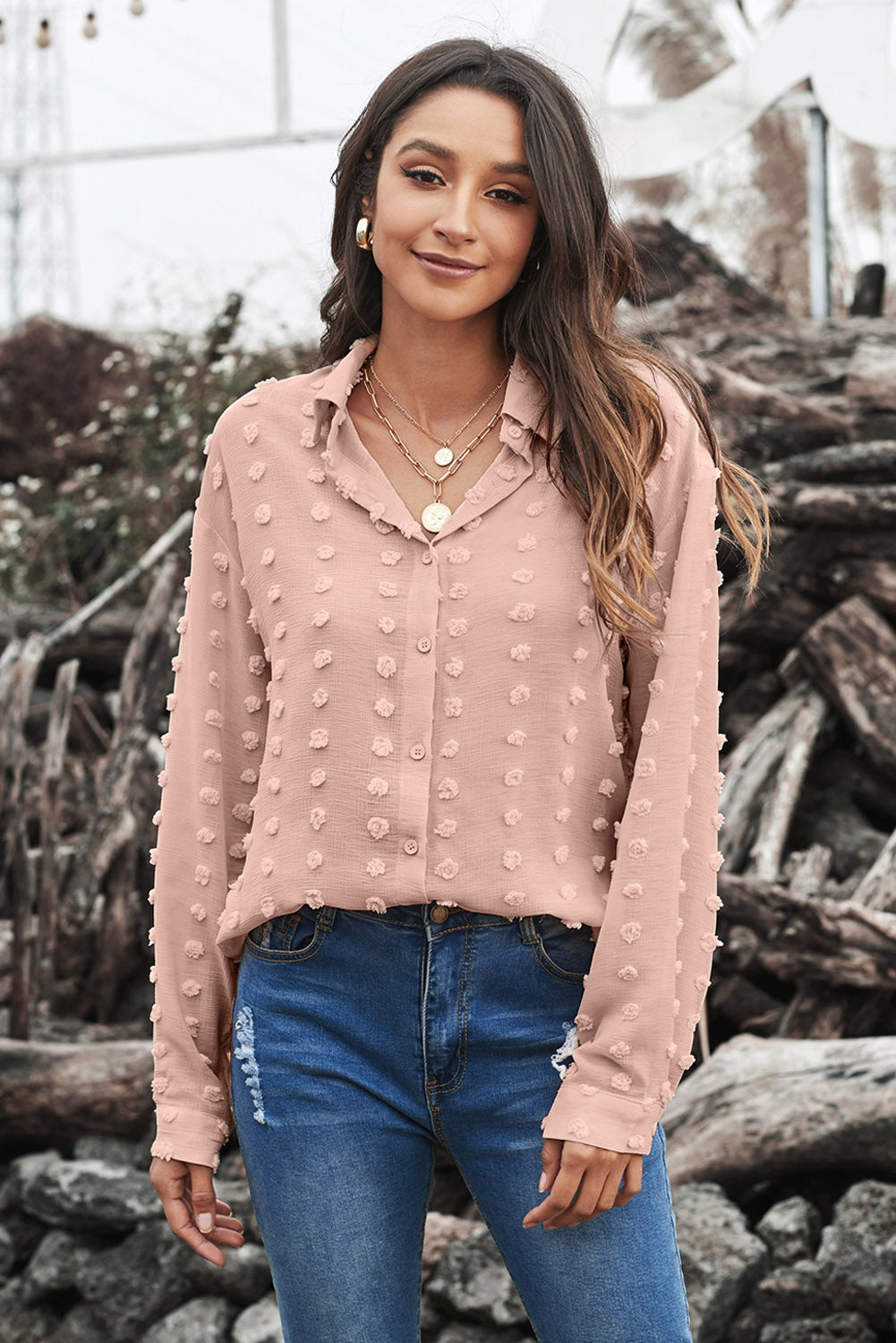 Fiery Red Long Sleeve Button Fuzzy Polka Dot Shirt