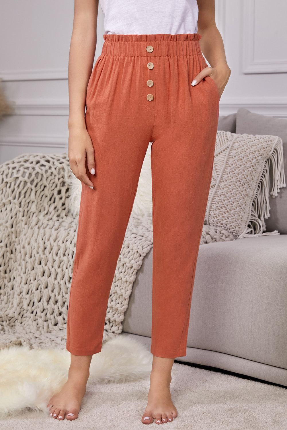 Orange Linen Blend Pocketed Pants