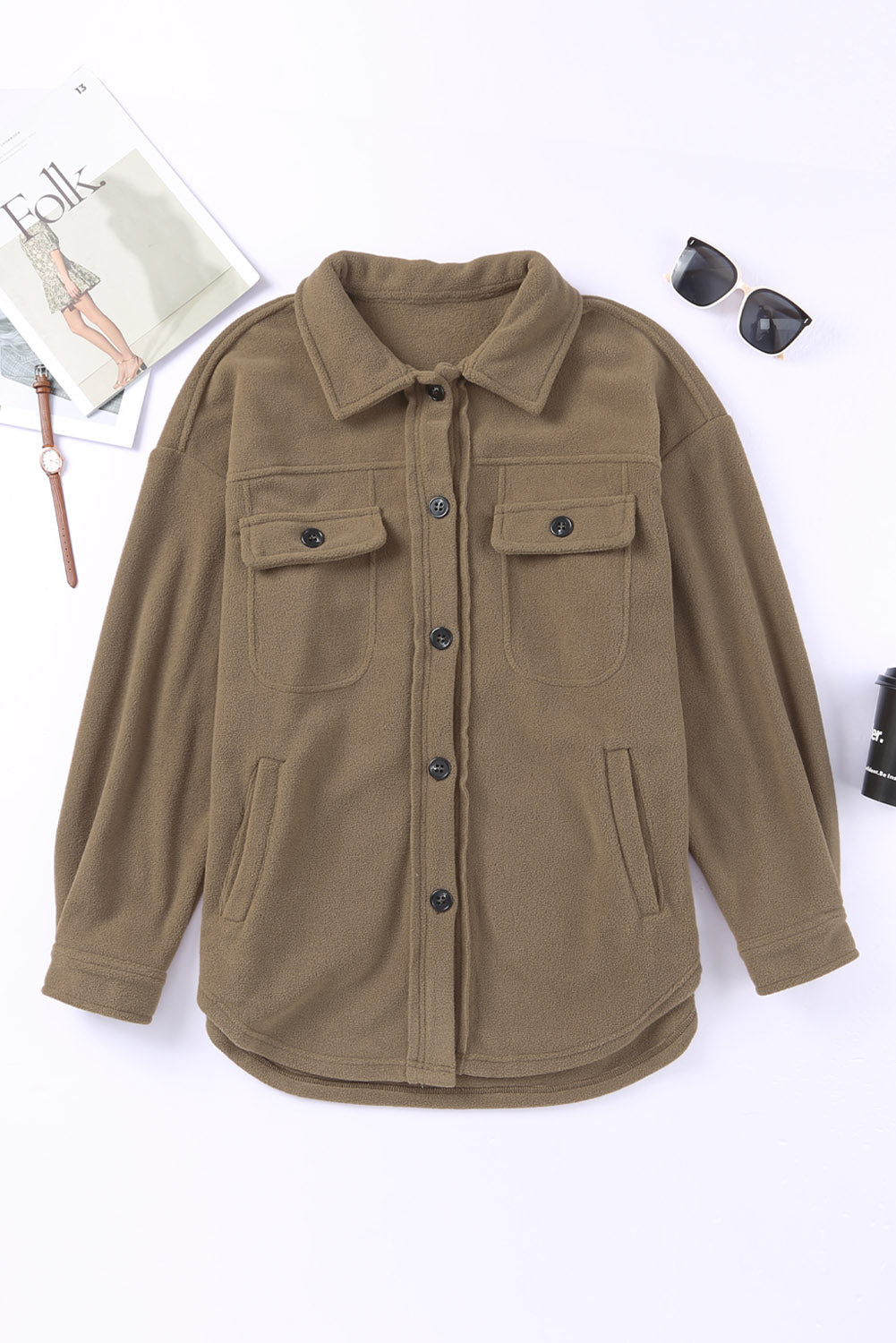 Brown Turn Down Collar Buttoned Shirt Jacket