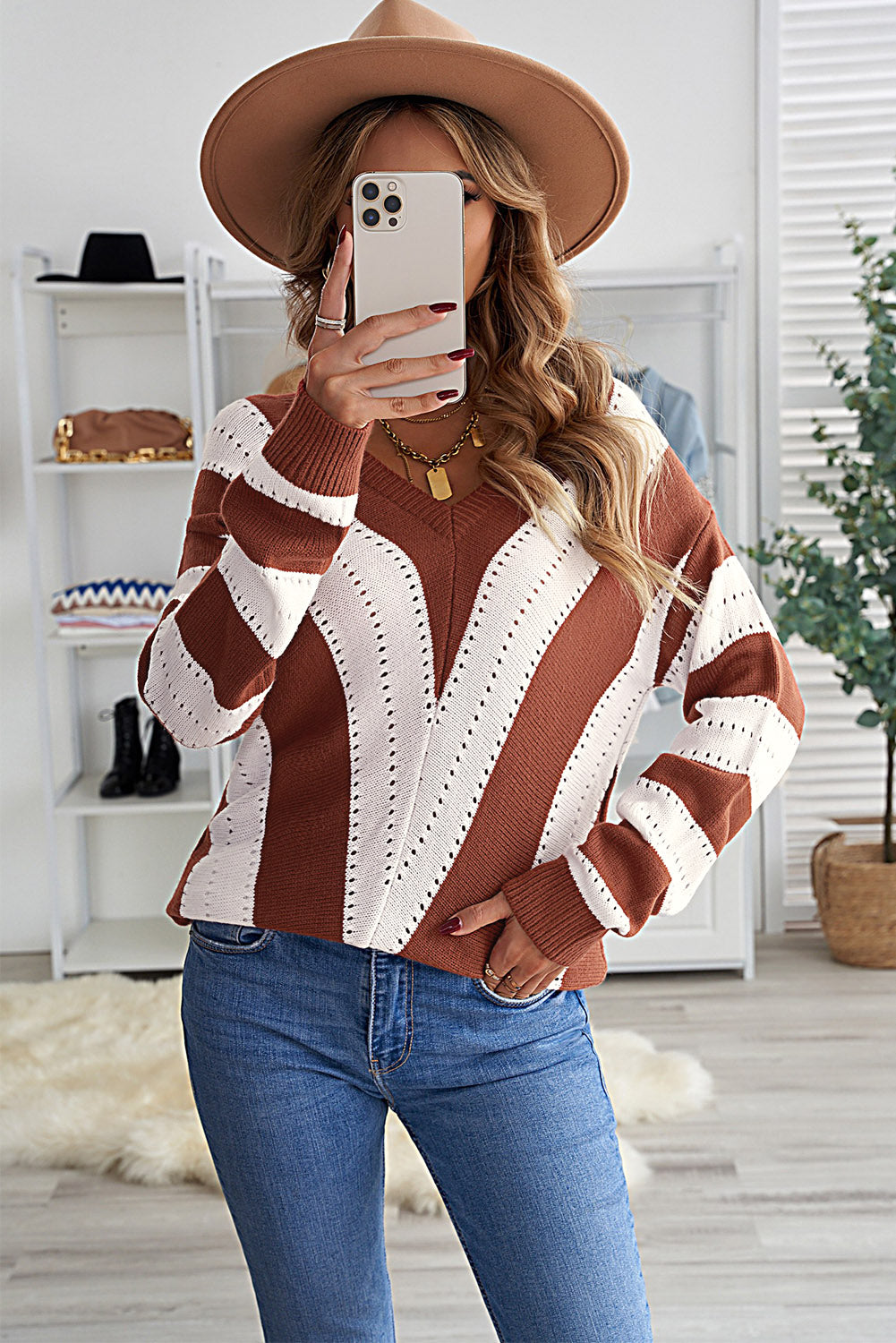 Blue Striped Colorblock V Neck Knitted Sweater