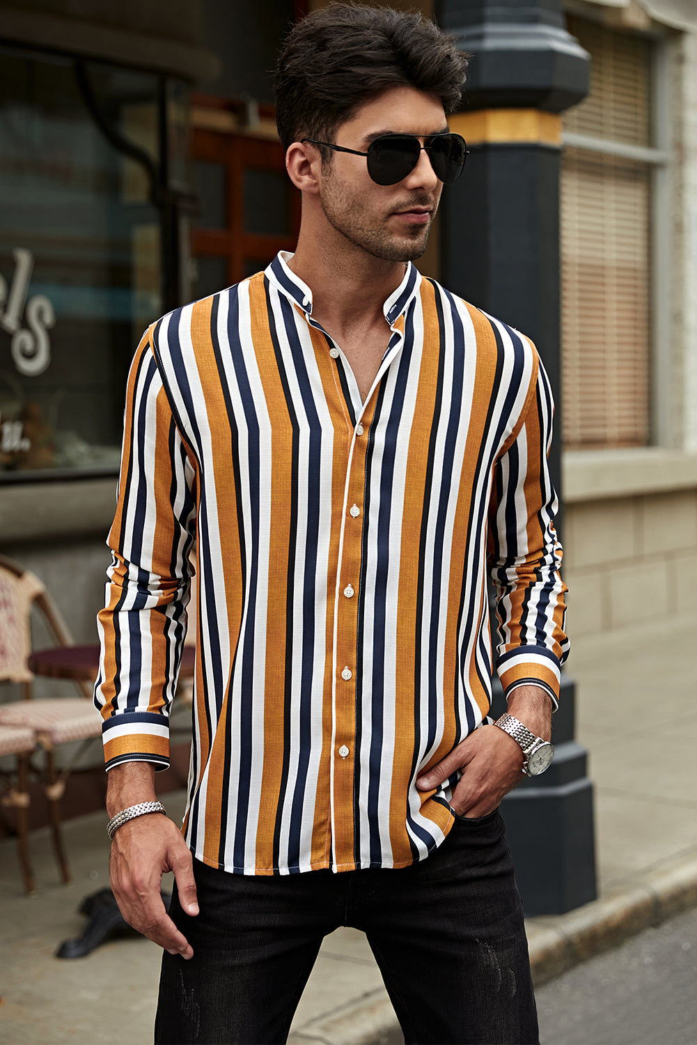 Multicolor Striped Print Buttons Men's Long Sleeve Shirt