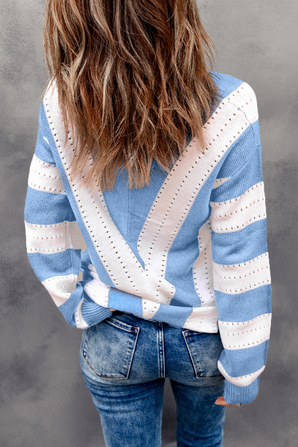 Blue Striped Colorblock V Neck Knitted Sweater