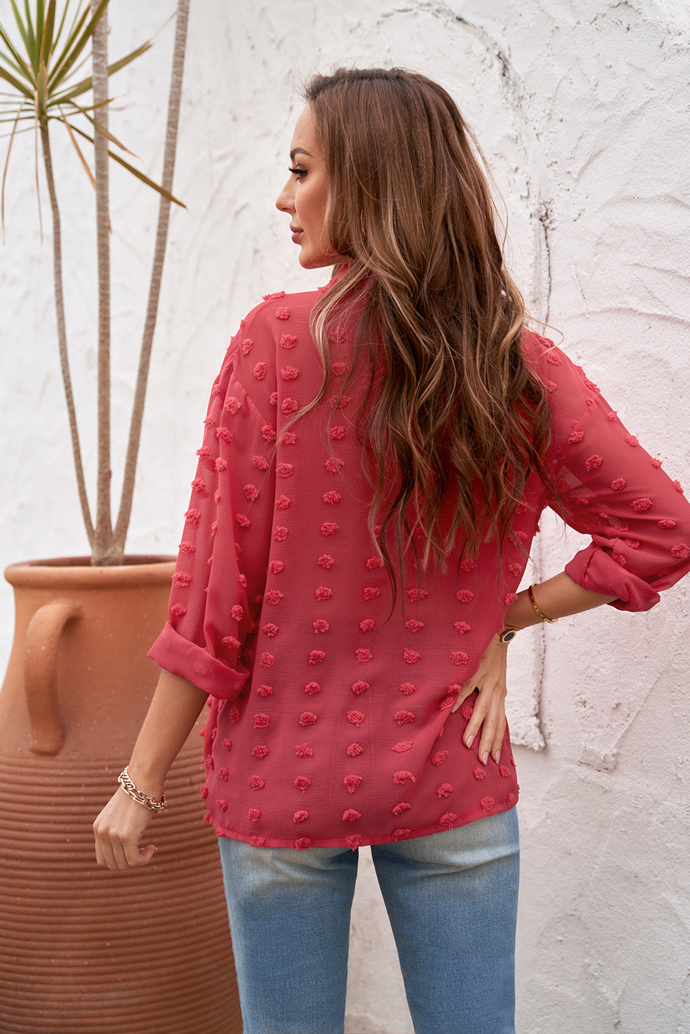 Fiery Red Long Sleeve Button Fuzzy Polka Dot Shirt