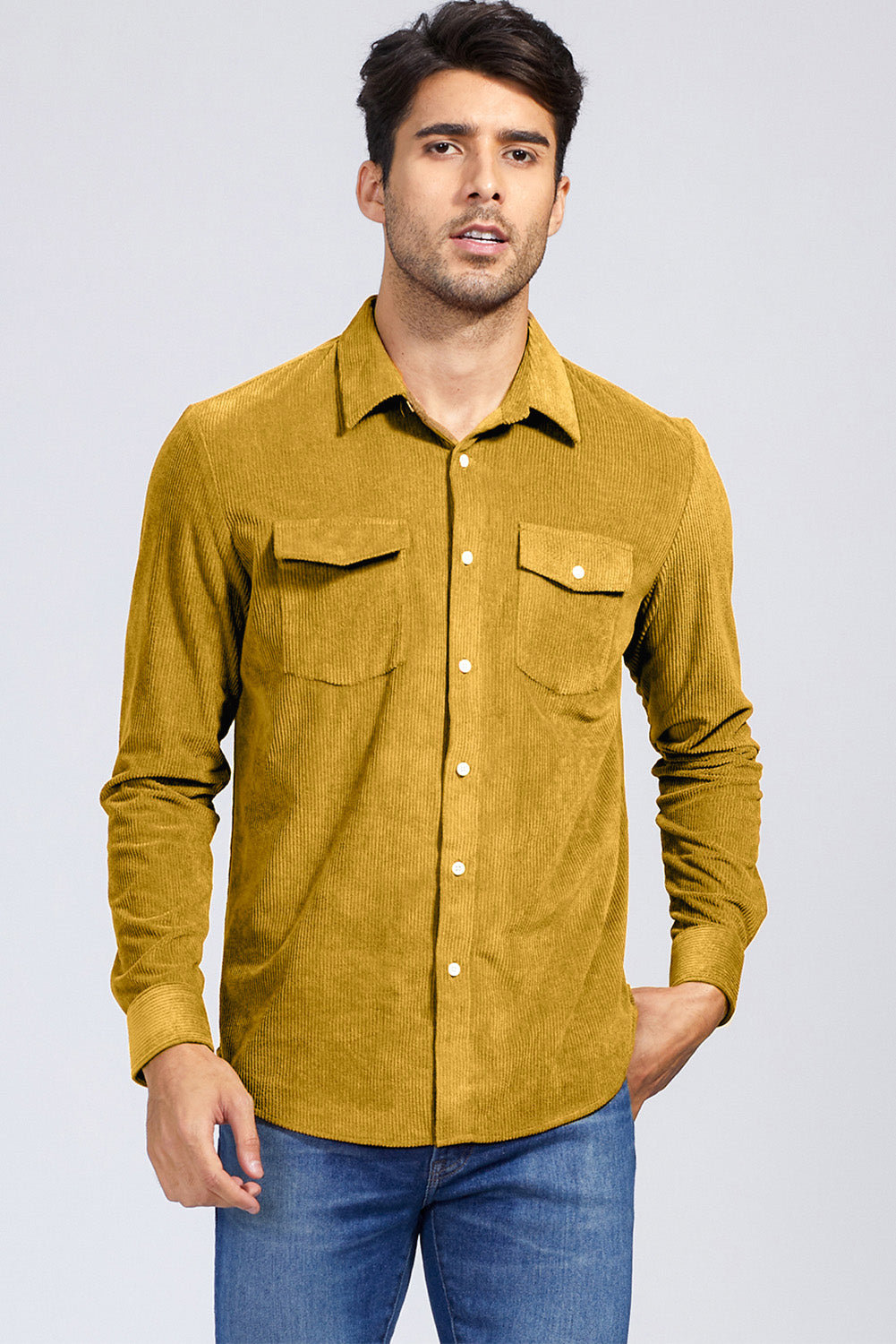 Brown Men Corduroy Flap Pocket Button Front Shirt