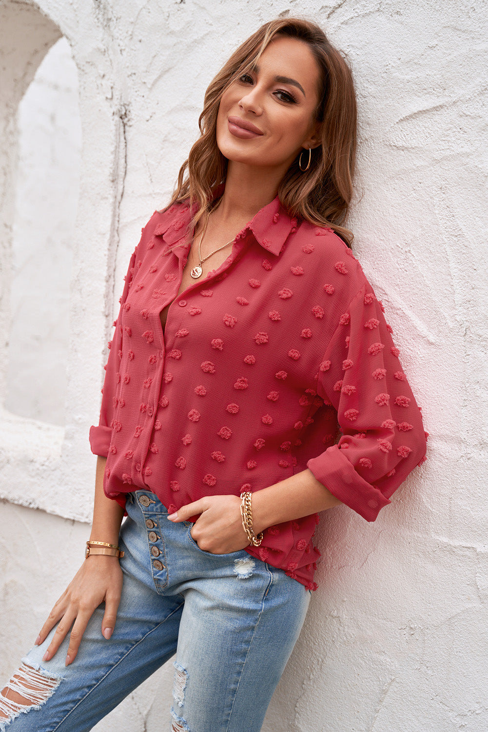 Fiery Red Long Sleeve Button Fuzzy Polka Dot Shirt