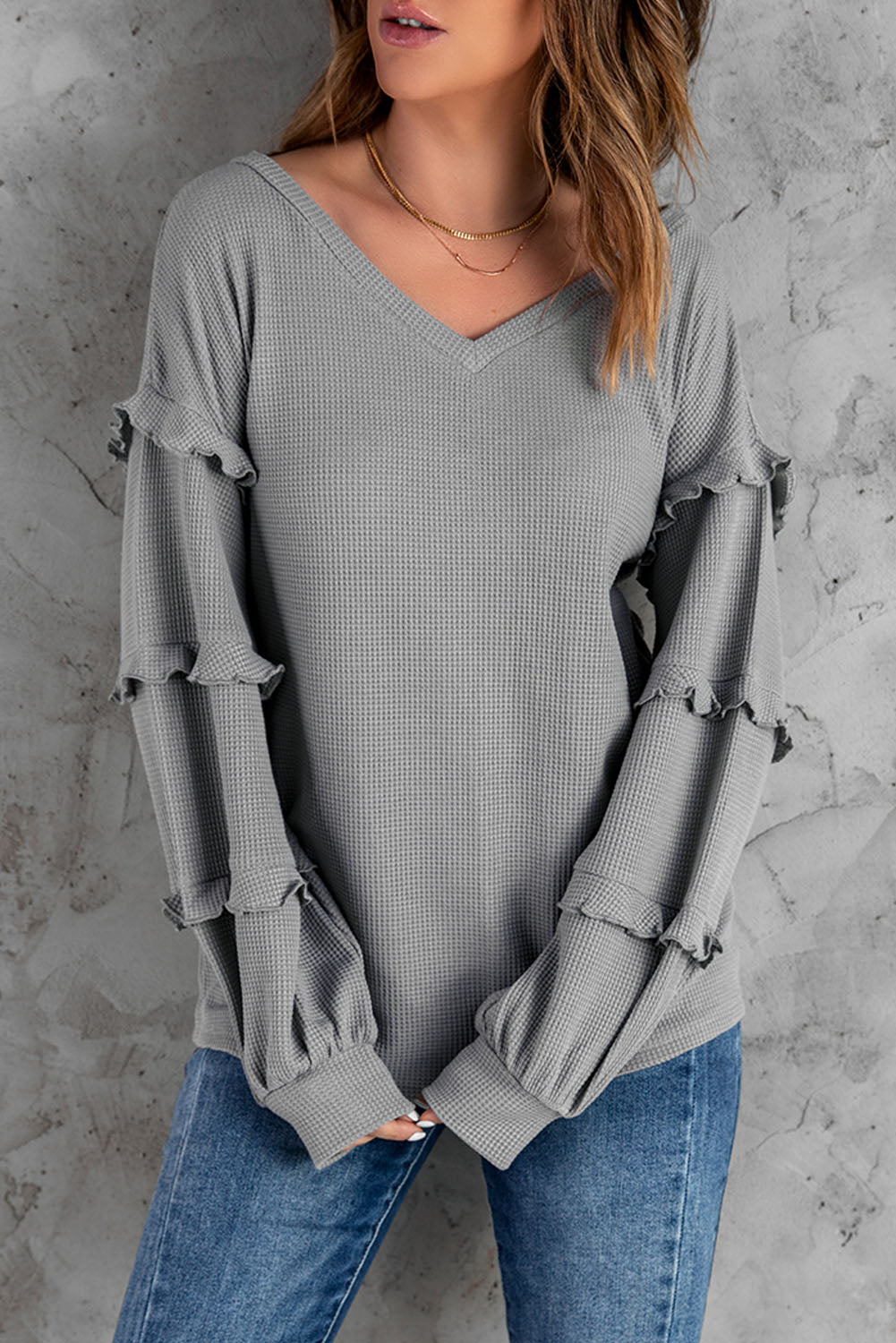 Grey Waffle Ruffled V Neck Loose Knit Top