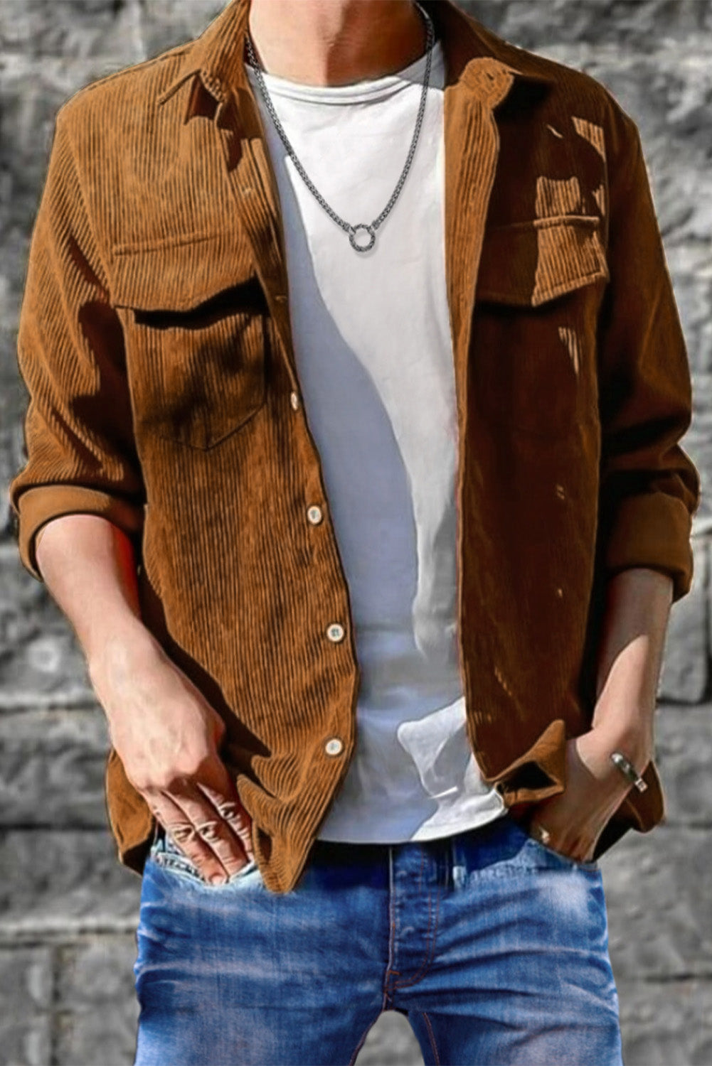 Brown Men Corduroy Flap Pocket Button Front Shirt