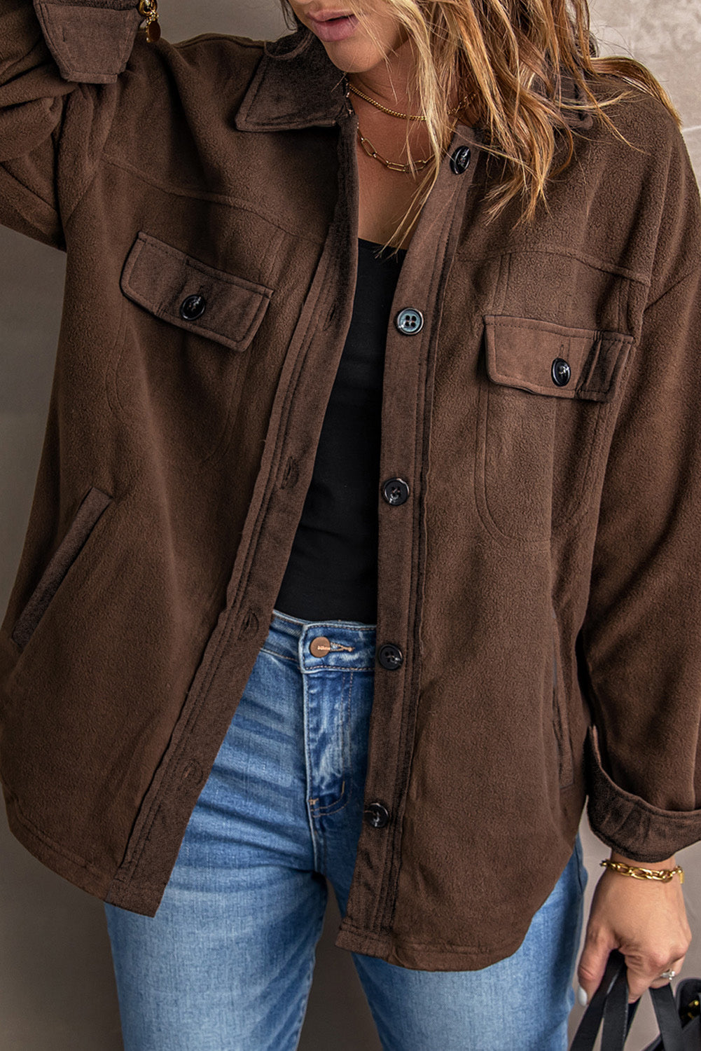 Brown Turn Down Collar Buttoned Shirt Jacket