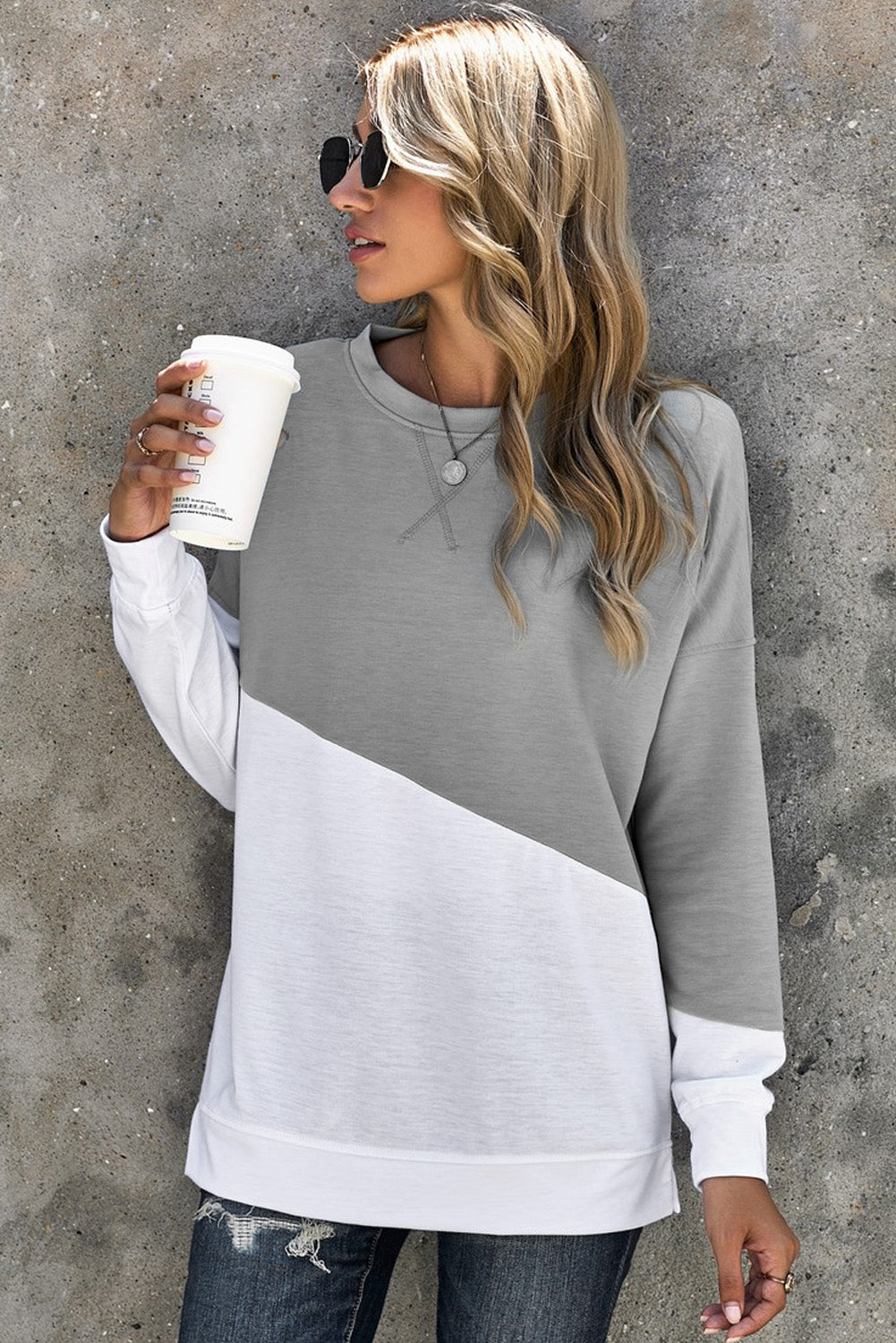 Light Blue Patchwork Dropped Shoulder Sweatshirt