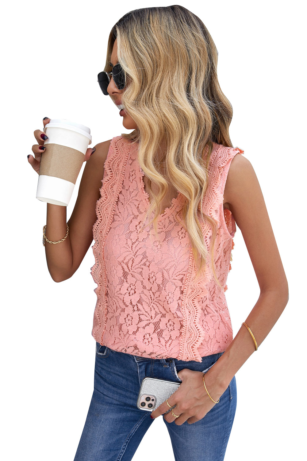 White Lace V Neck Tank Top