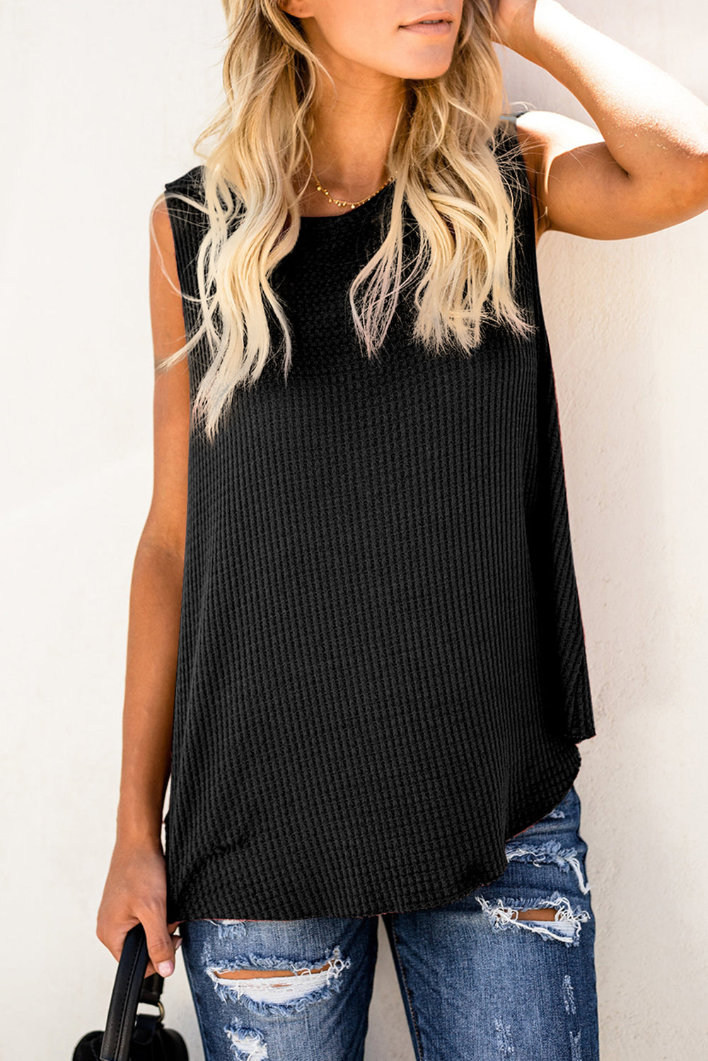 Apricot Crew Neck Waffle Tank Top