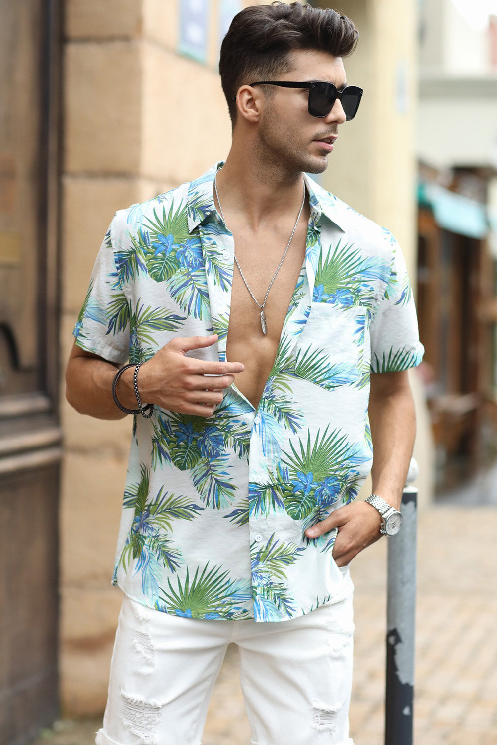 Green Men Short Sleeve Casual Hawaiian Shirt