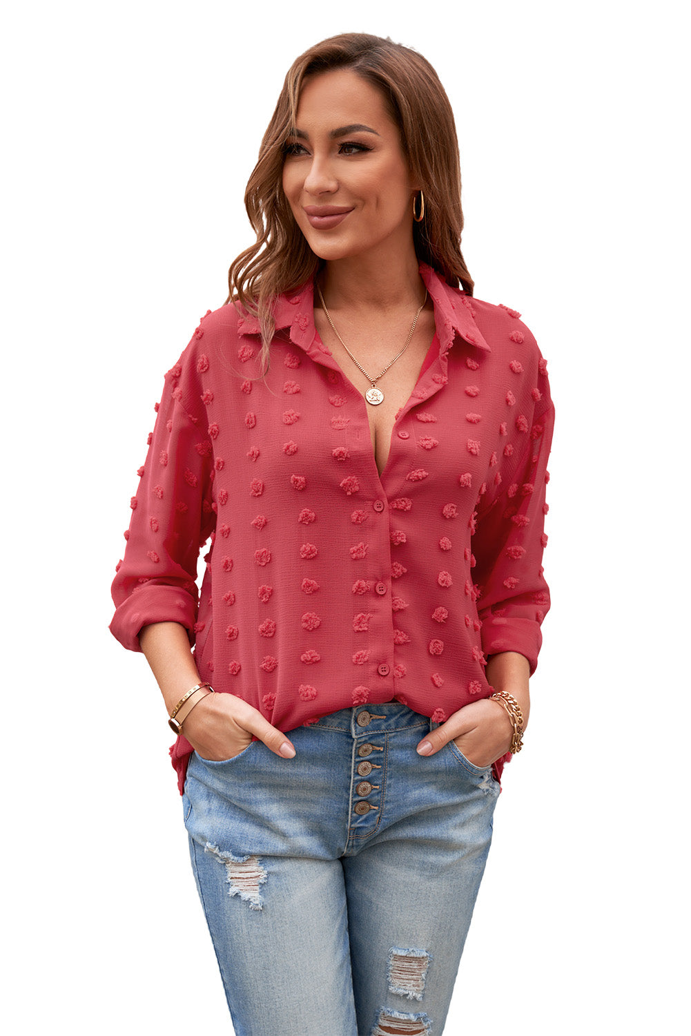 Fiery Red Long Sleeve Button Fuzzy Polka Dot Shirt