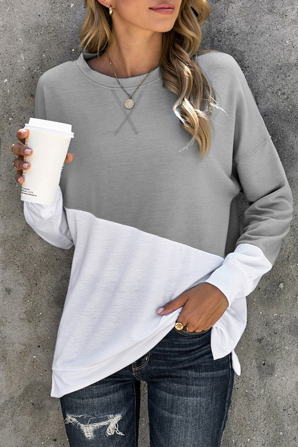 Light Blue Patchwork Dropped Shoulder Sweatshirt