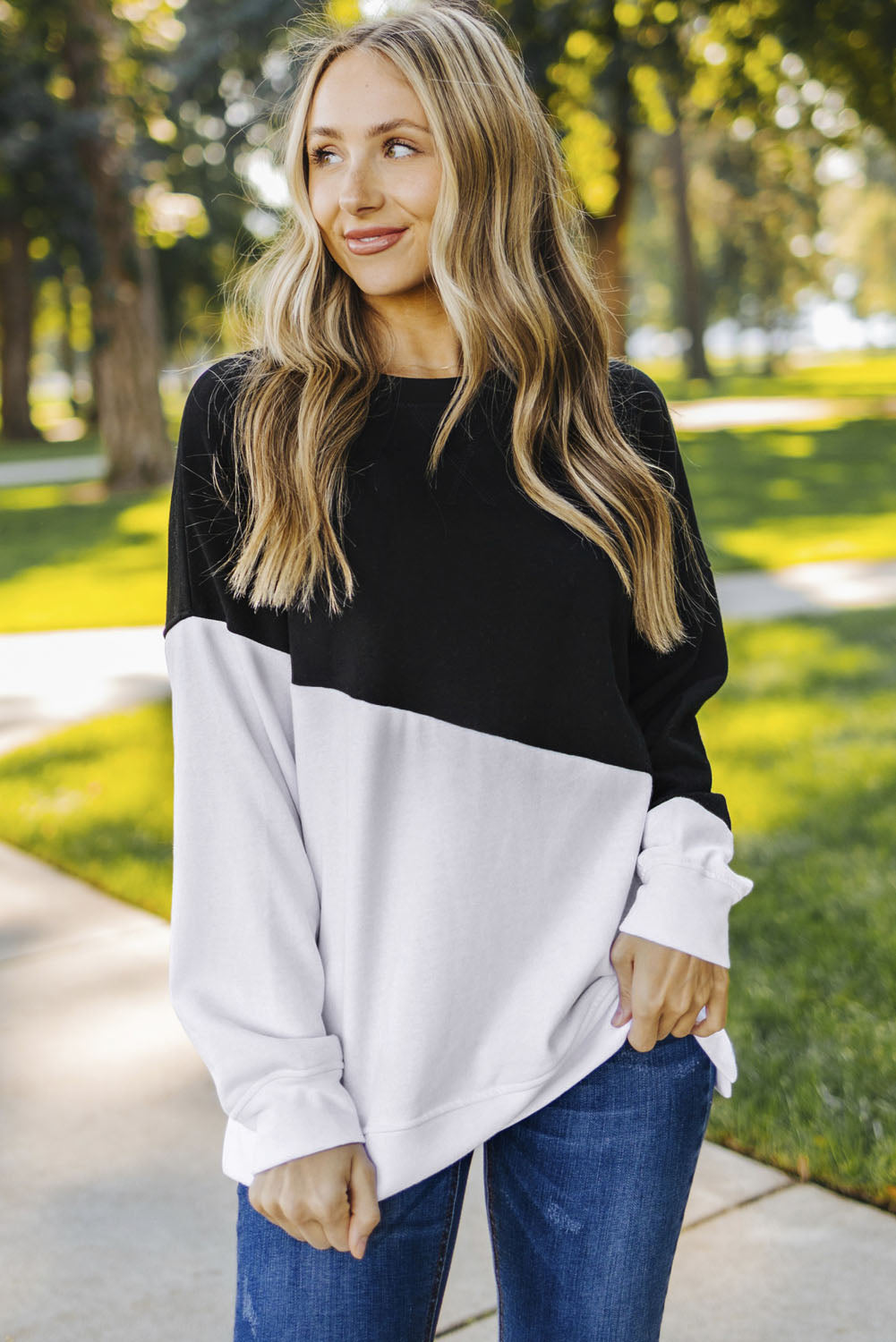 Light Blue Patchwork Dropped Shoulder Sweatshirt