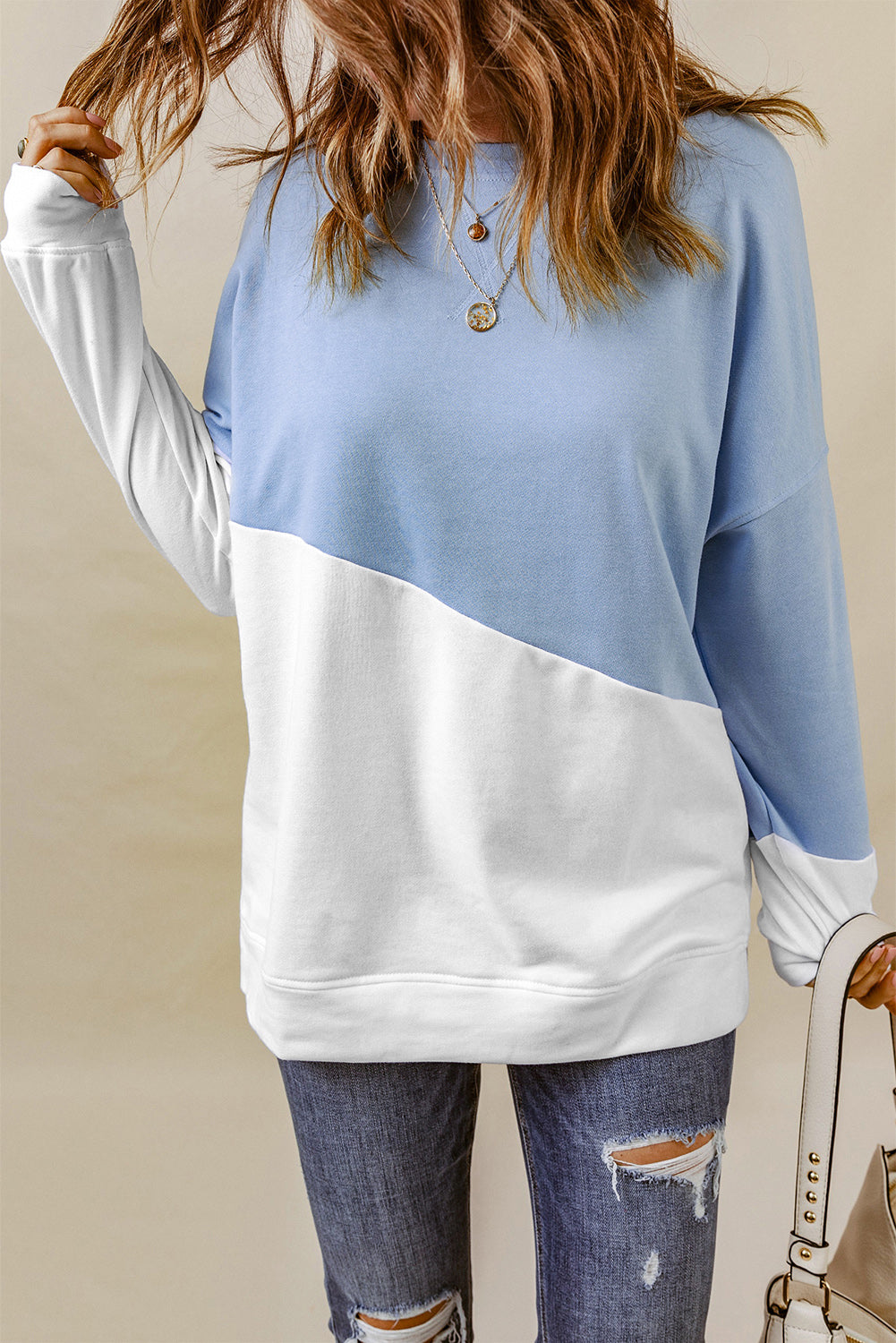 Light Blue Patchwork Dropped Shoulder Sweatshirt